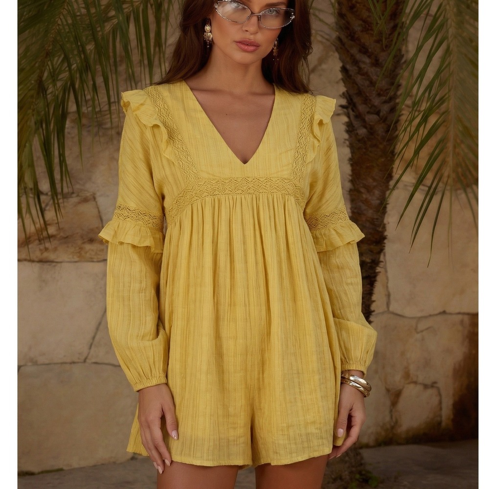 Lumiere Romper Women Small Yellow Boho Crochet Lace Ruffle